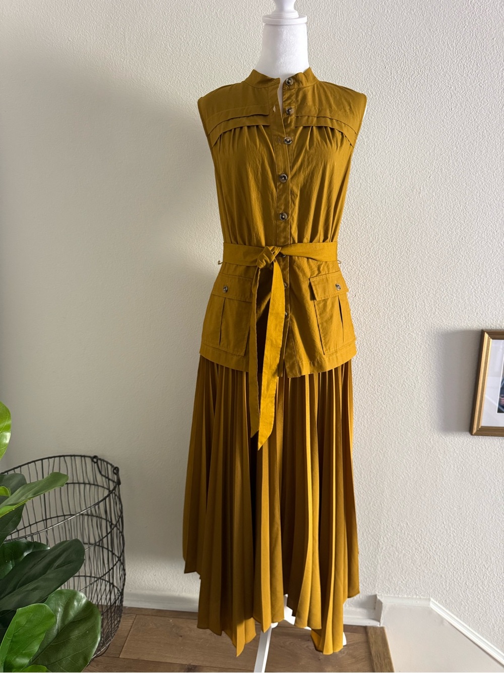 Anthropologie Mustard Sleeveless Maxi Dress with Tie Waist
